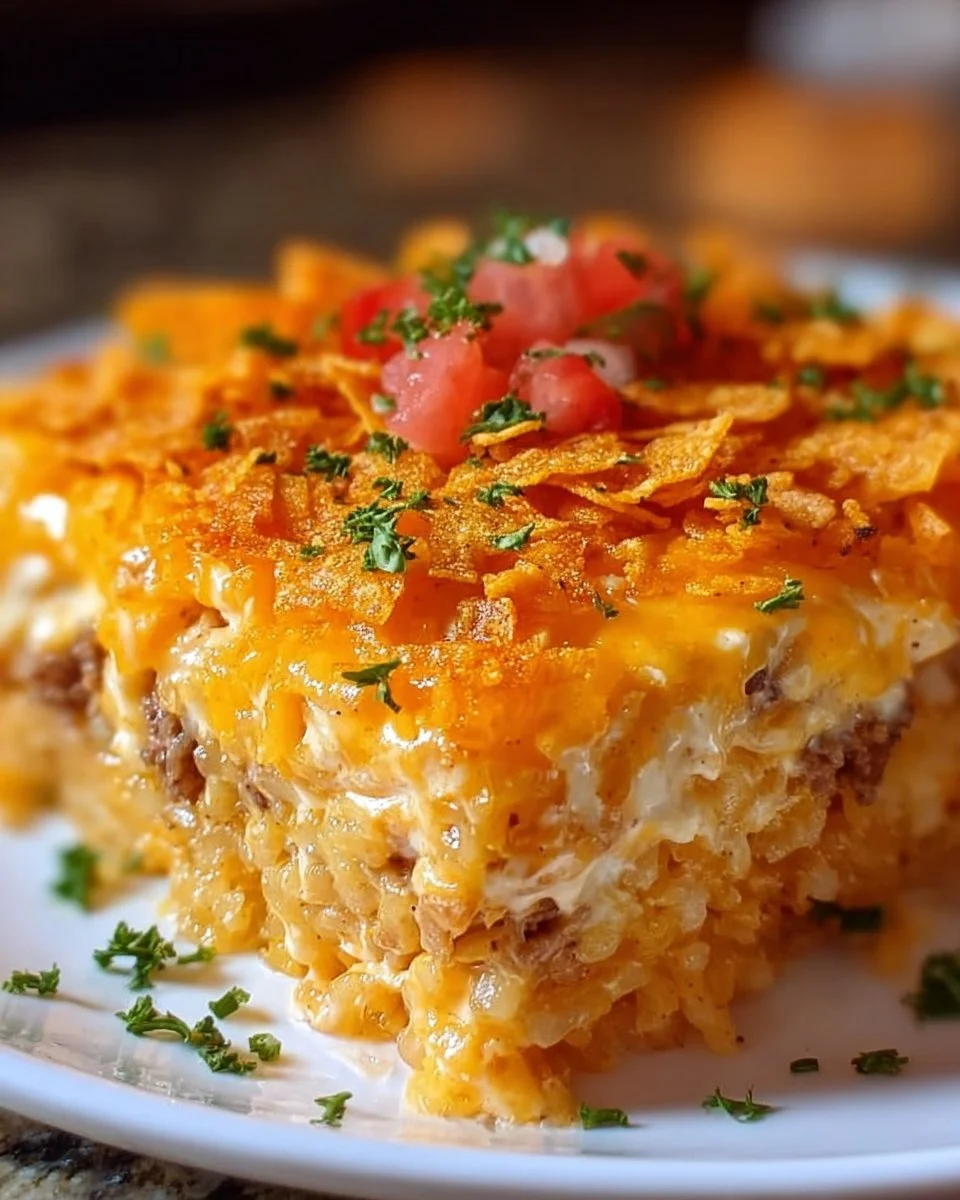 Cheesy Hashbrown Dorito Casserole topped with Doritos and melted cheese
