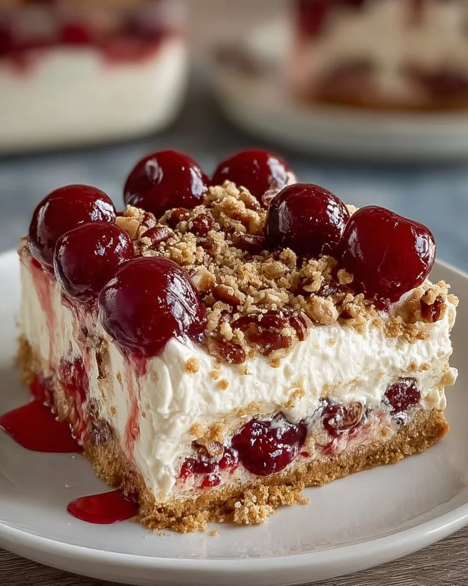 Delicious Cherry Pecan Cheesecake Lush dessert with cherry topping and pecans