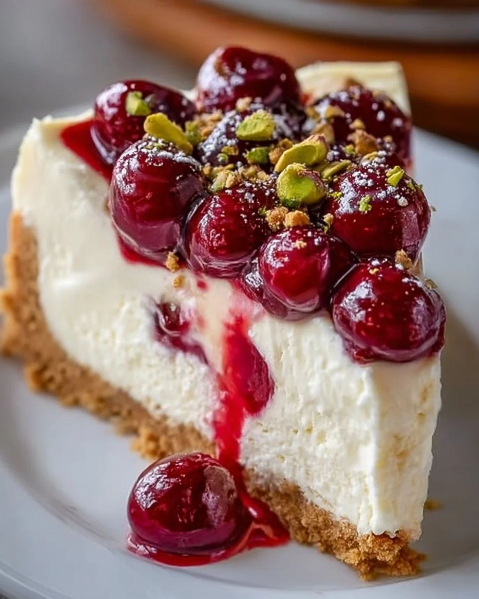 Slice of Cherry Pistachio Cheesecake topped with cherries and pistachios