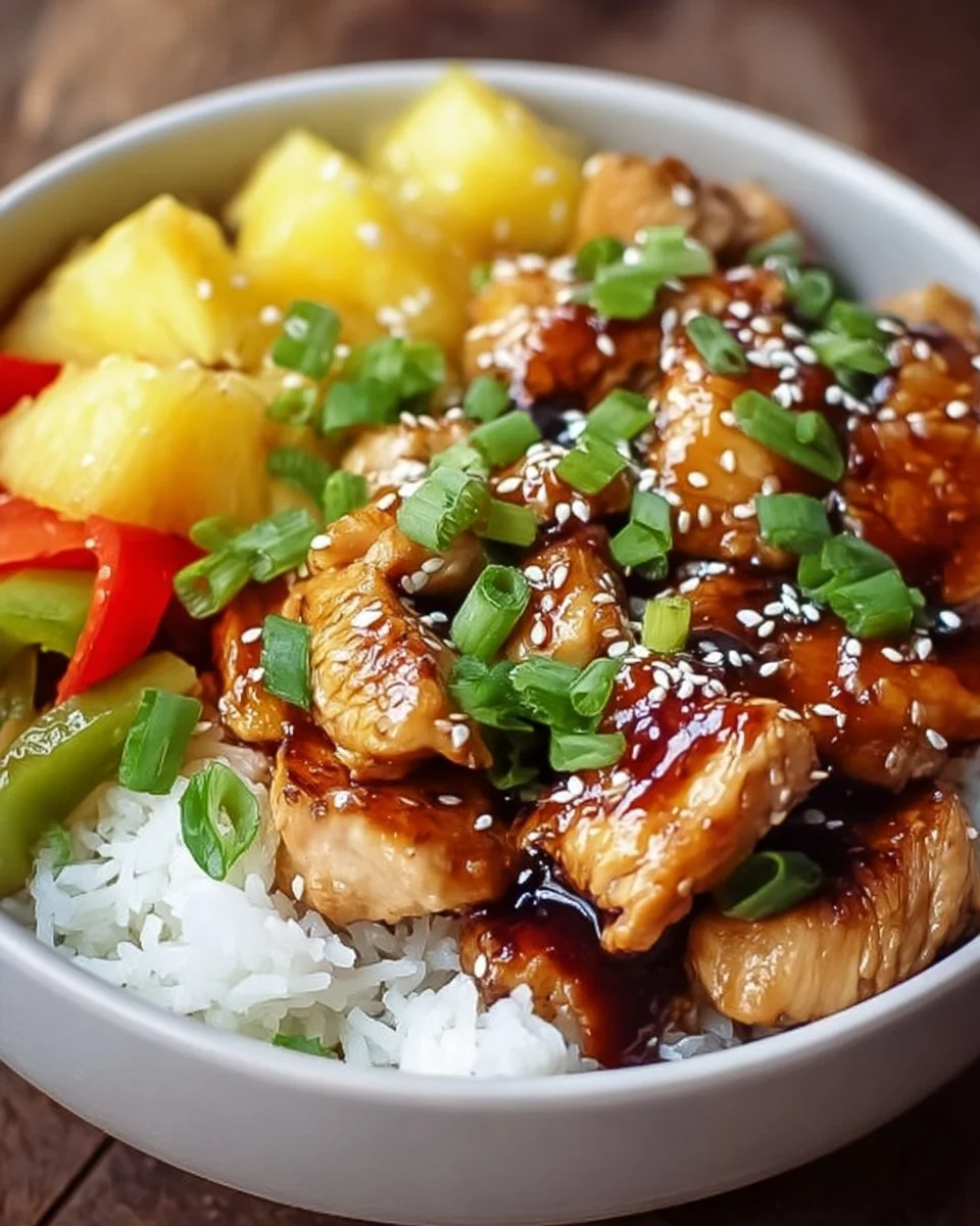 Delicious Chicken Teriyaki Pineapple Bowl full of vibrant flavors and fresh ingredients.