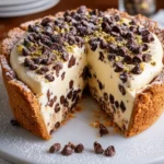 Chocolate chip cannoli cream pie with chocolate chips and creamy filling