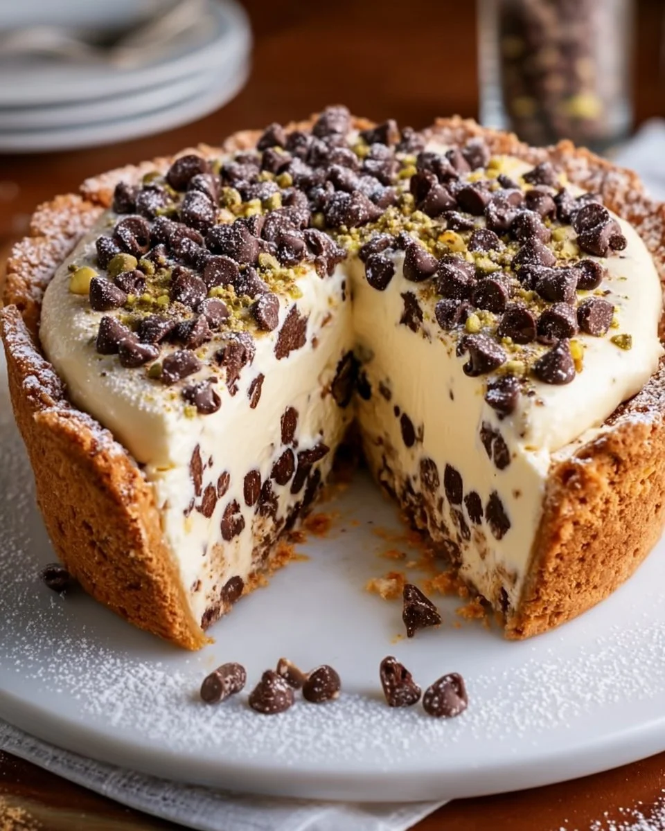 Chocolate chip cannoli cream pie with chocolate chips and creamy filling