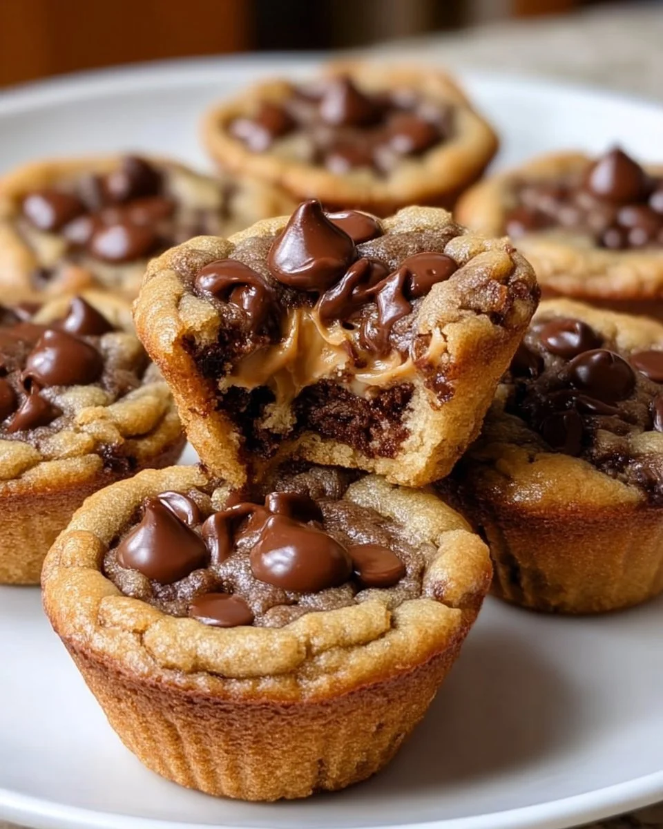 Chocolate chip cookie cups filled with creamy peanut butter surprise