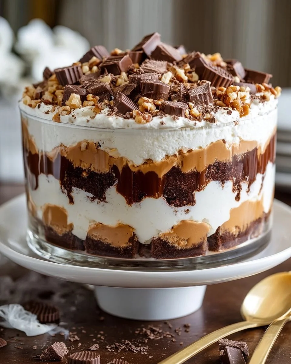 Delicious Chocolate Peanut Butter Trifle layered with chocolate and peanut butter cream.