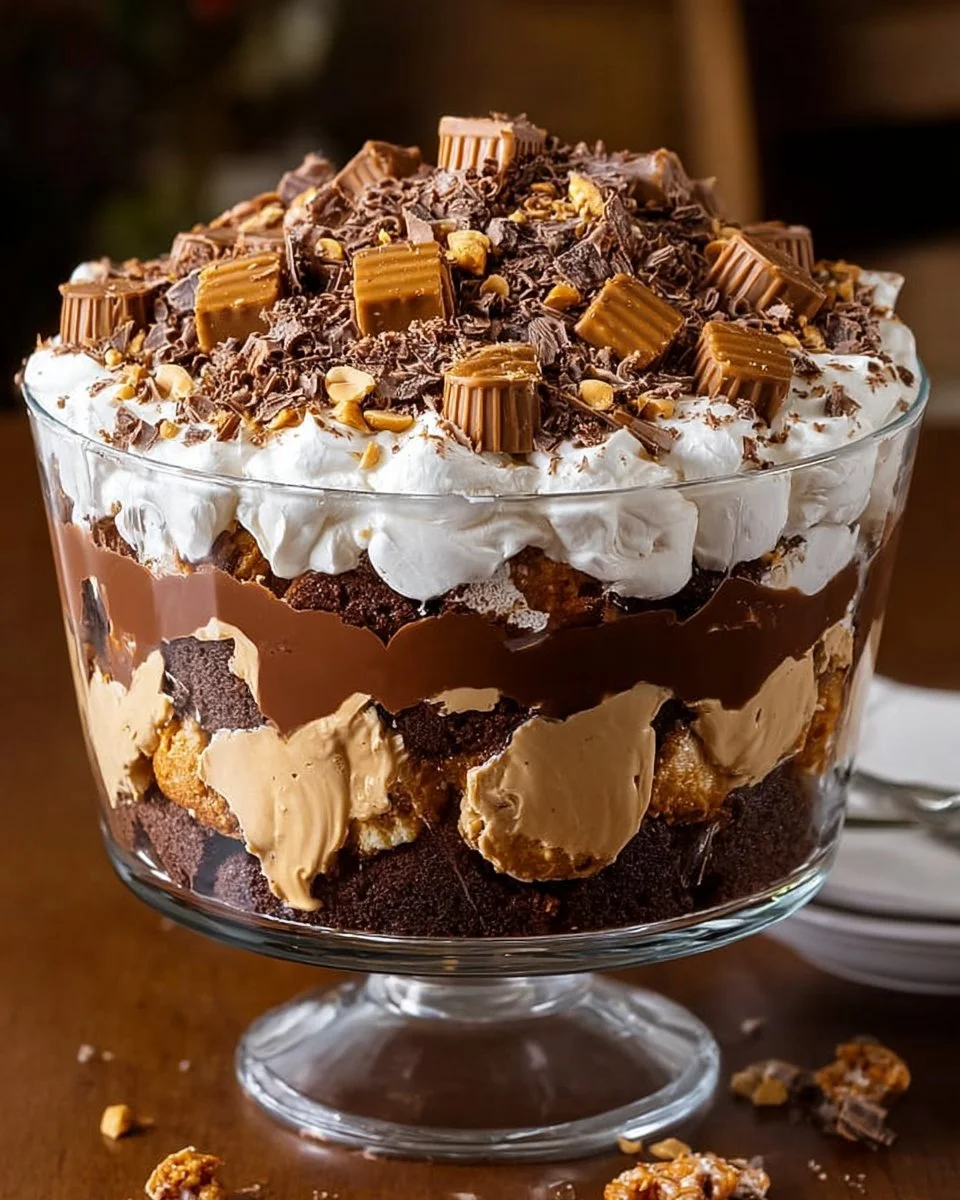 Delicious Chocolate Peanut Butter Trifle with layers of chocolate and peanut butter