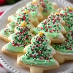 Decorated Christmas tree cookies on a festive platter.