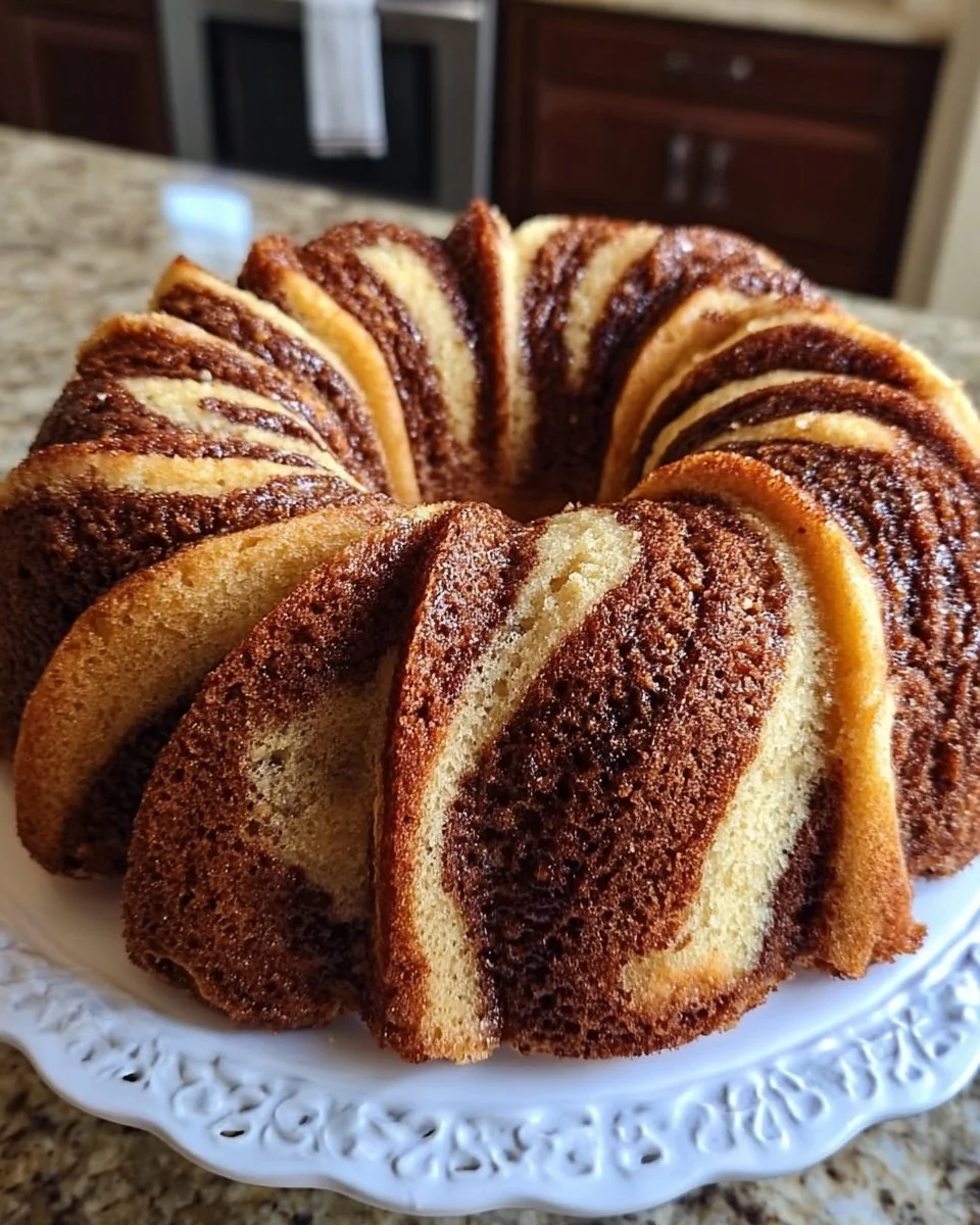 Sliced Cinnamon Swirl Bundt Cake on a plate with a swirl pattern