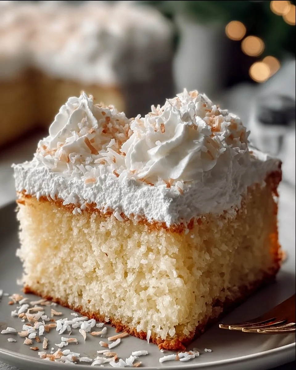 Delicious coconut cake with creamy frosting and coconut flakes topping.