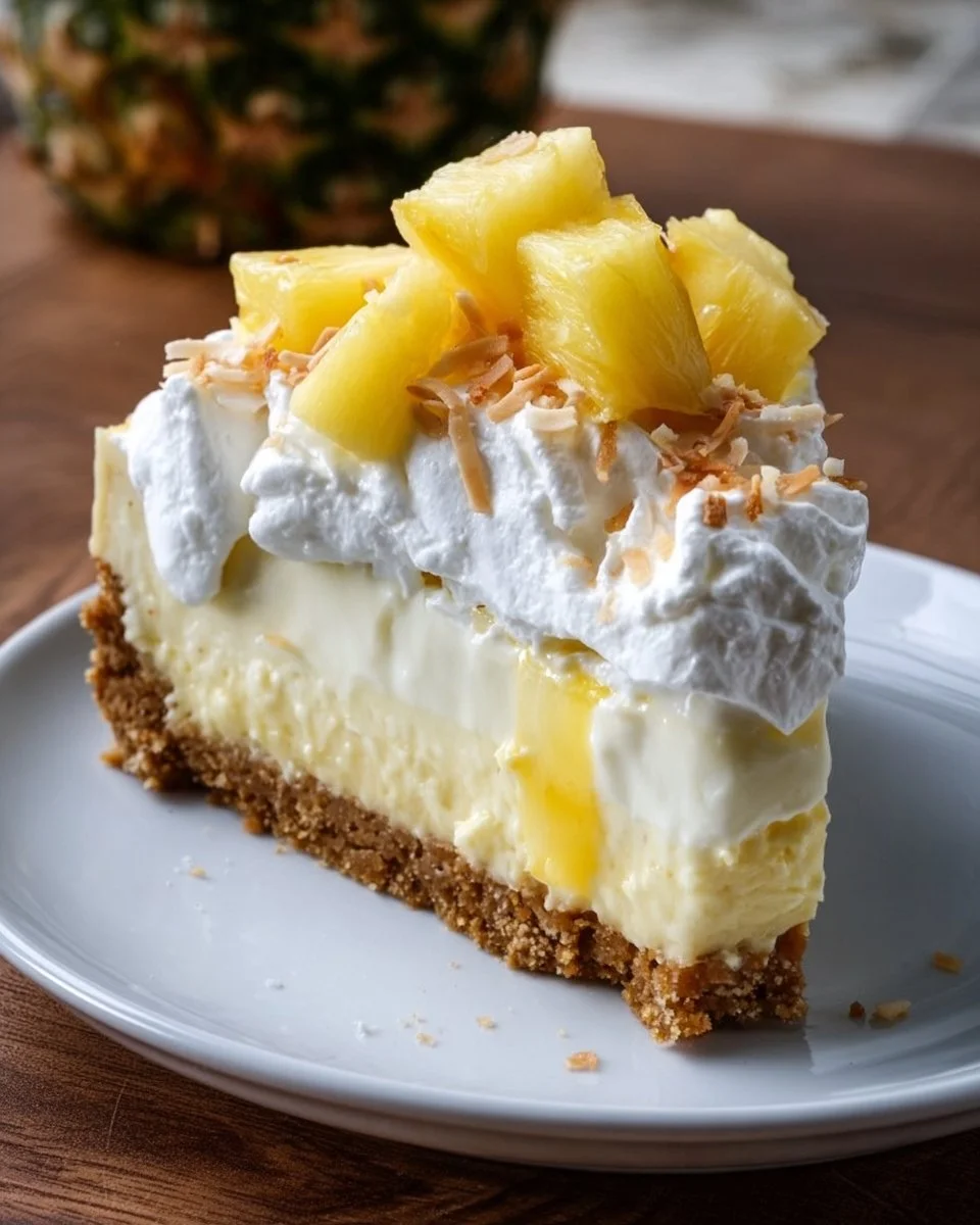 Delicious Coconut Pineapple Cheesecake topped with tropical flavors.