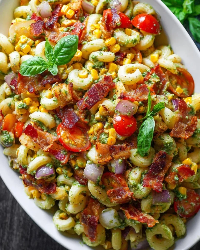 Delicious corn pasta salad with bacon and creamy pesto dressing served in a bowl.