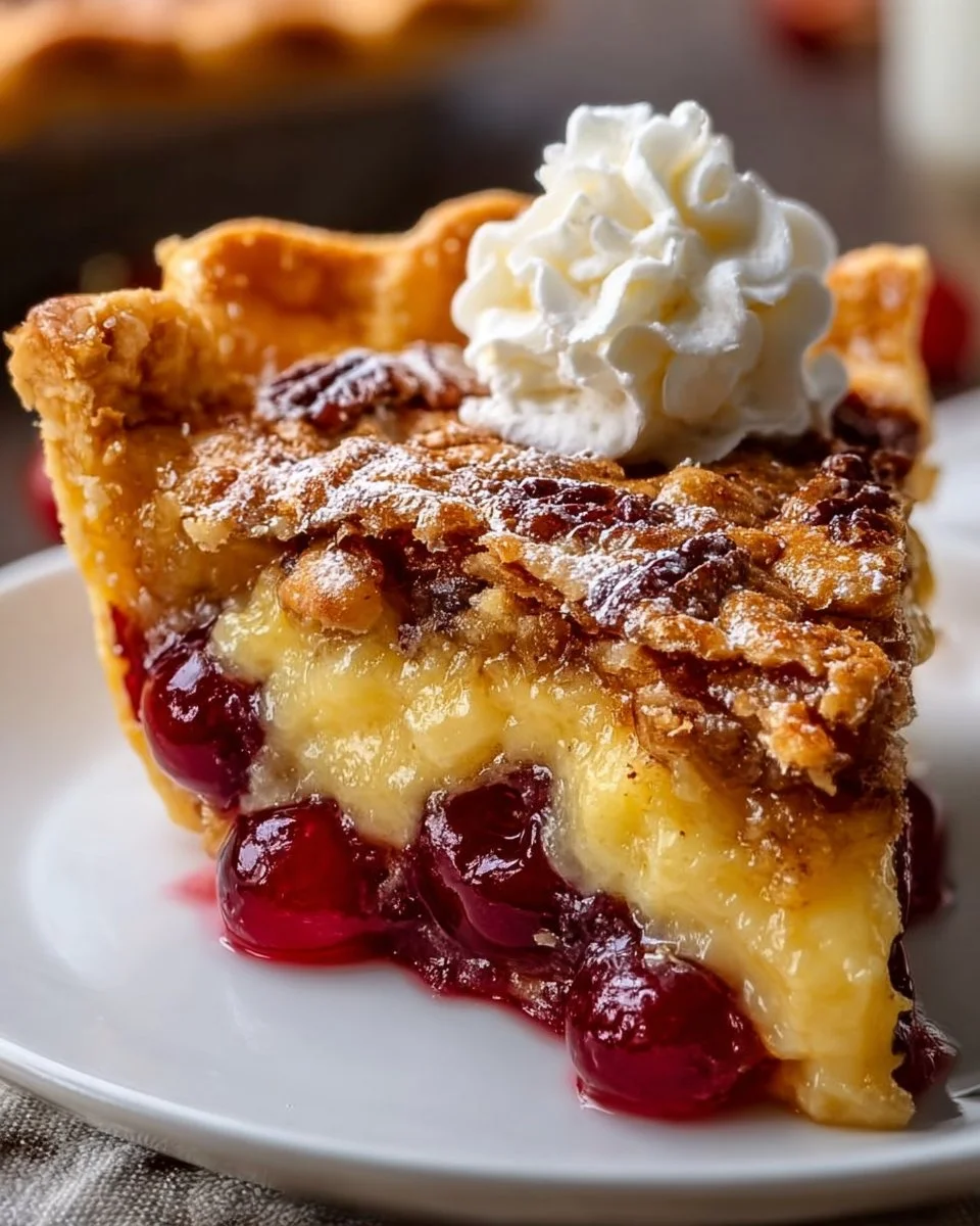 Sliced creamy country kitchen pie served with fresh berries
