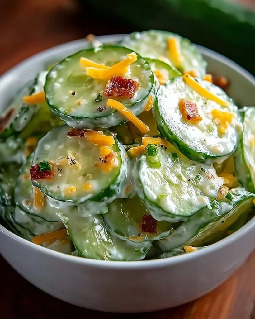 Creamy cucumber salad with bacon and cheese served in a bowl