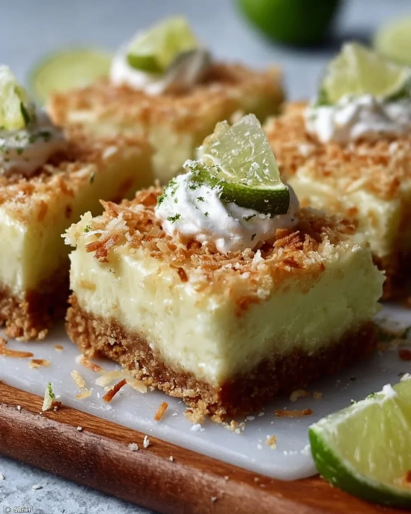 Creamy key lime pie bars with toasted coconut graham crust on a plate