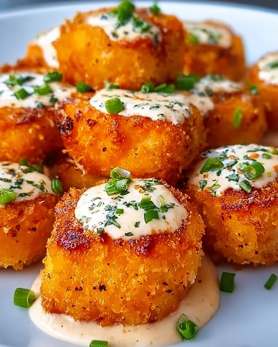Crispy Bang Bang Salmon bites served on a plate with dipping sauce