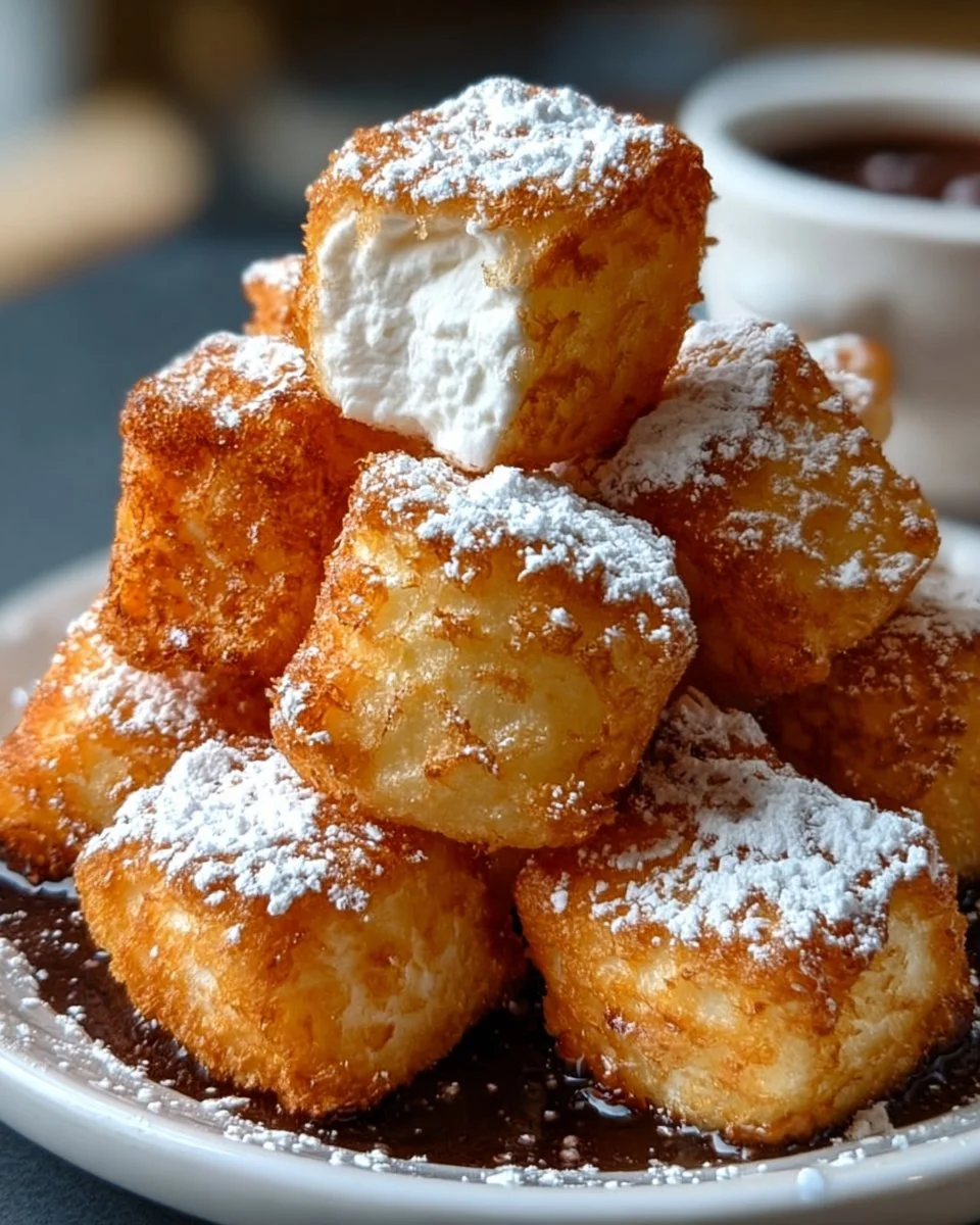Plate of delicious deep fried marshmallows, a sweet and crispy dessert treat.