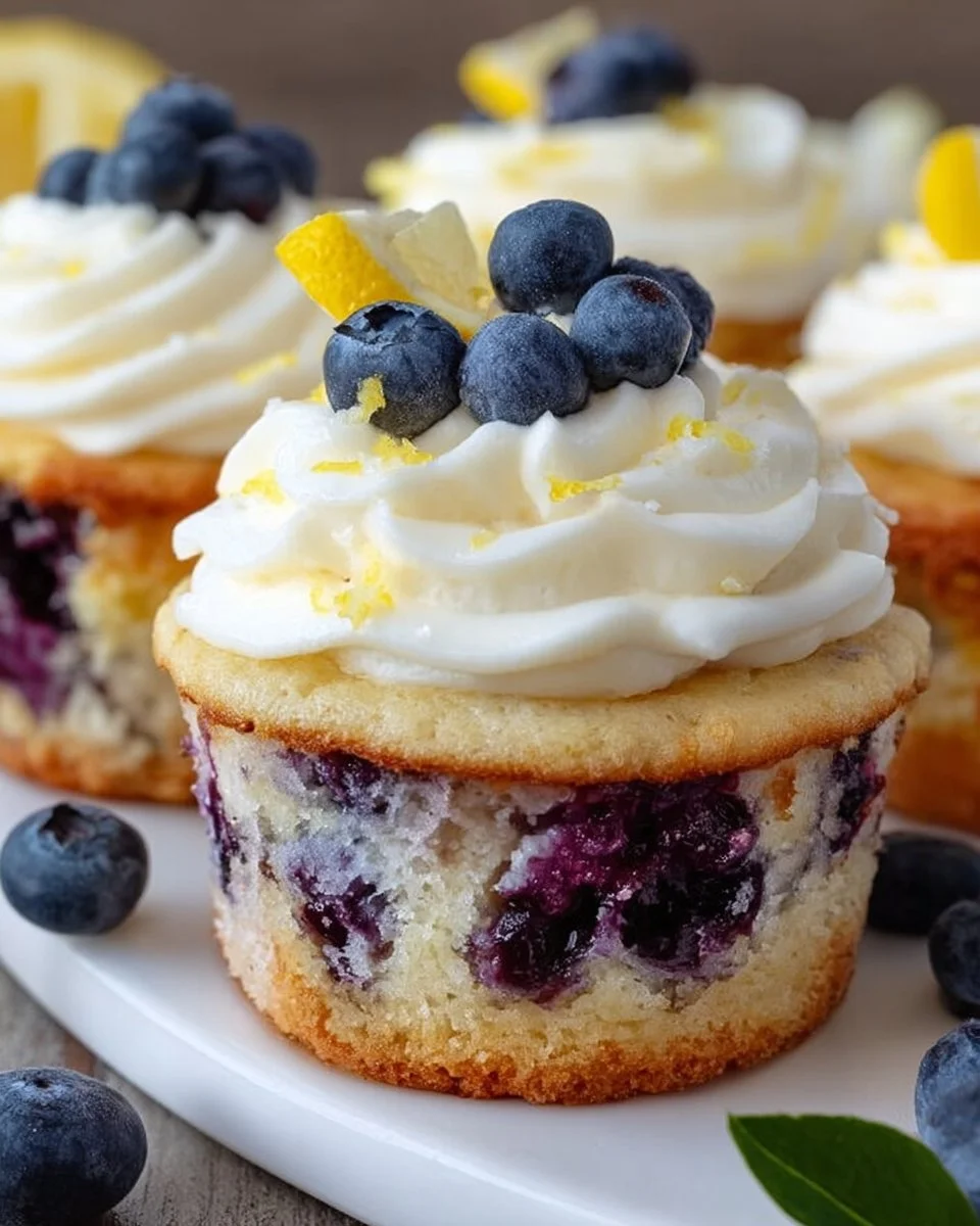 Delicious lemon blueberry cupcakes with homemade cream cheese frosting on top.