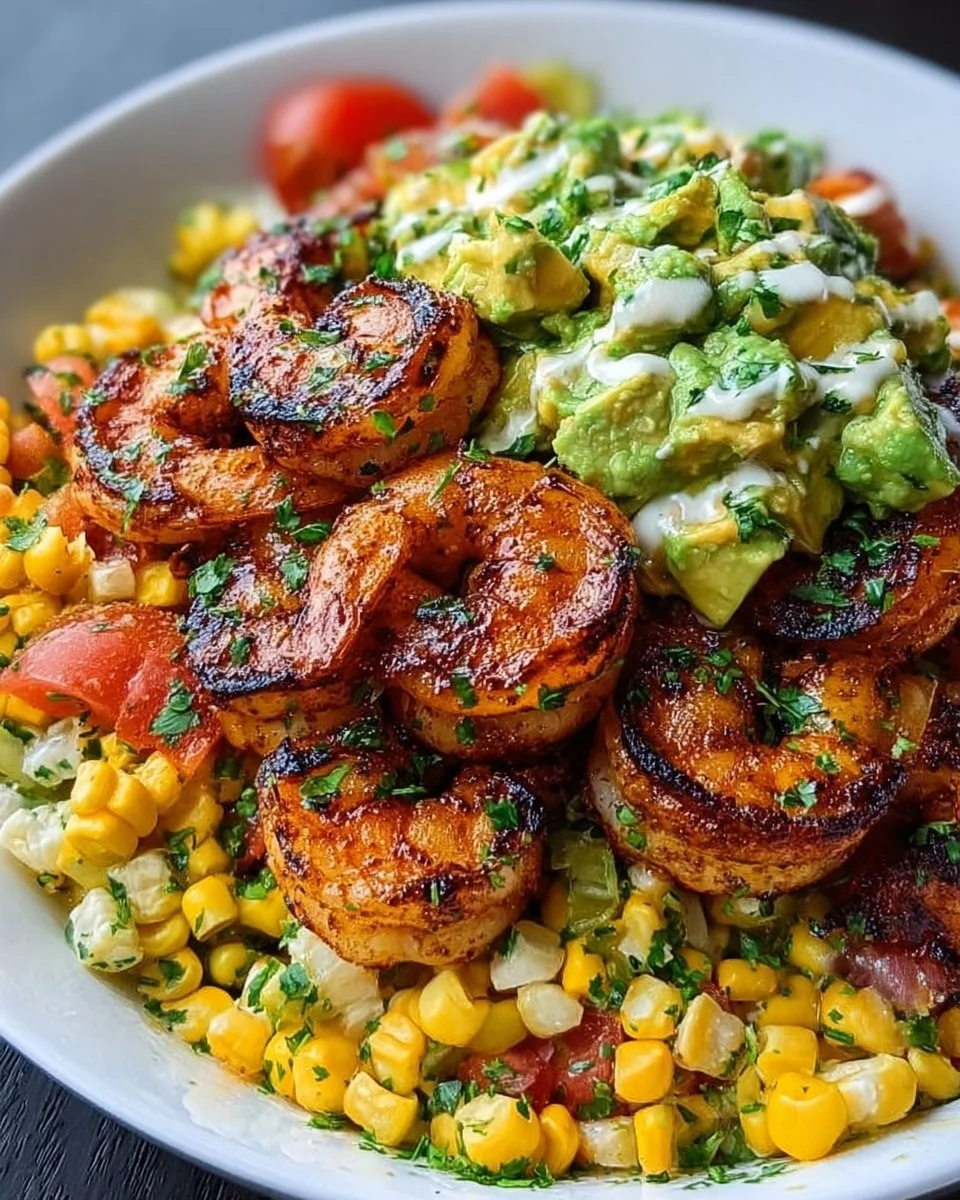 Easy grilled shrimp bowl with avocado and corn salsa on a plate