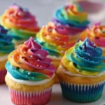 Colorful rainbow cupcakes topped with fluffy frosting and sprinkles