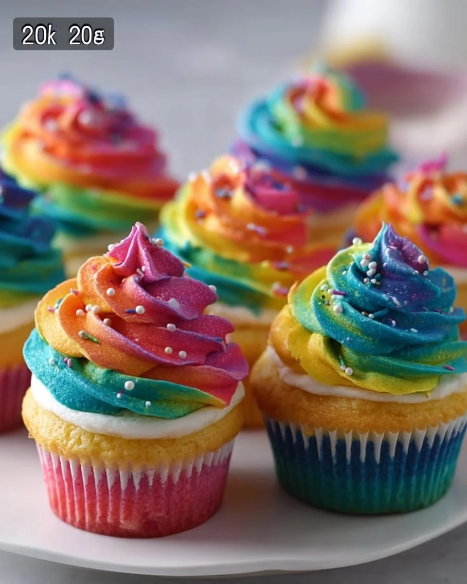 Colorful rainbow cupcakes topped with fluffy frosting and sprinkles