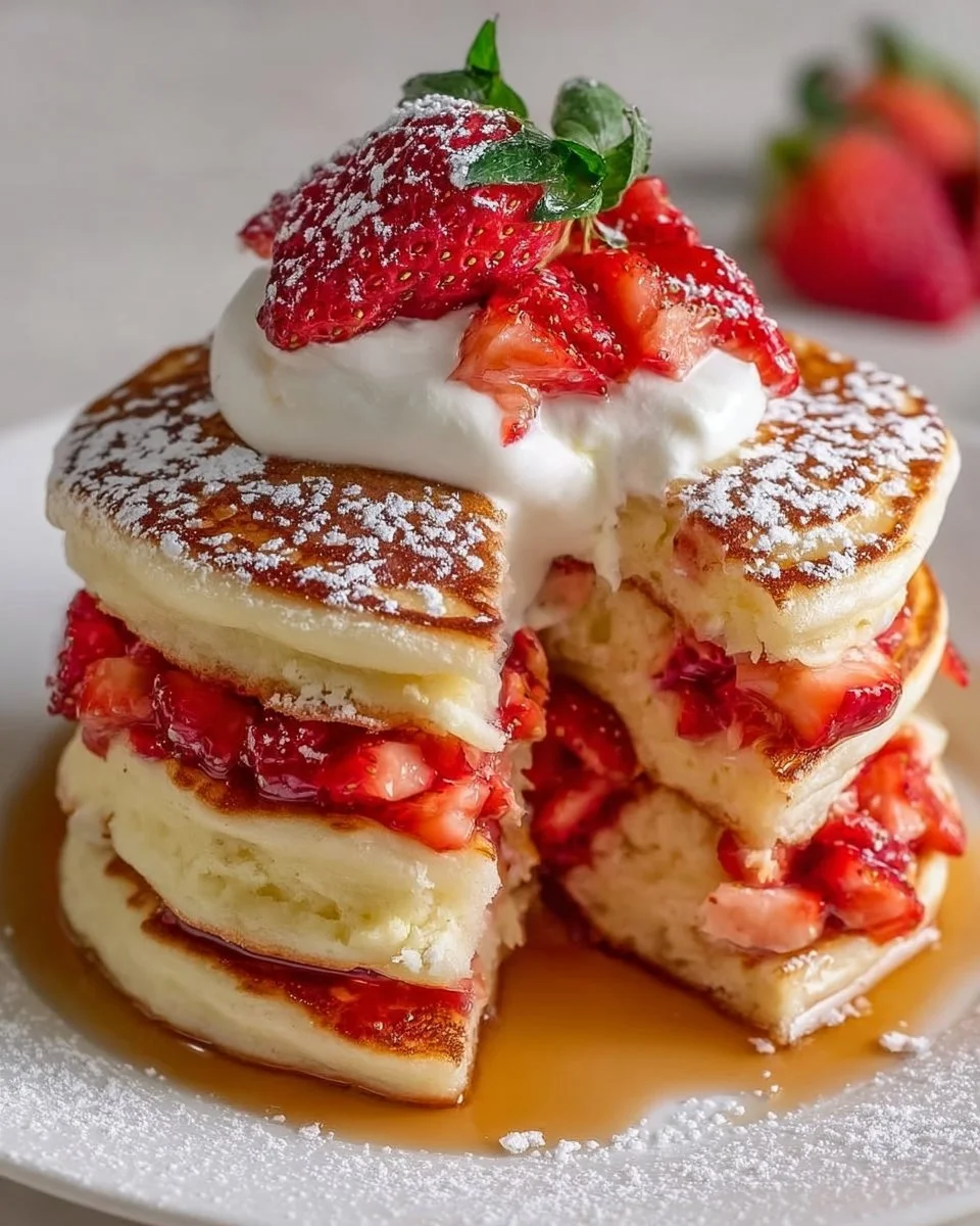 Fluffy strawberry cheesecake pancakes topped with fresh strawberries and cream
