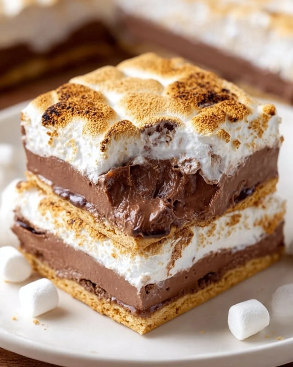 Delicious frozen s'mores dessert with chocolate, marshmallow, and graham crackers