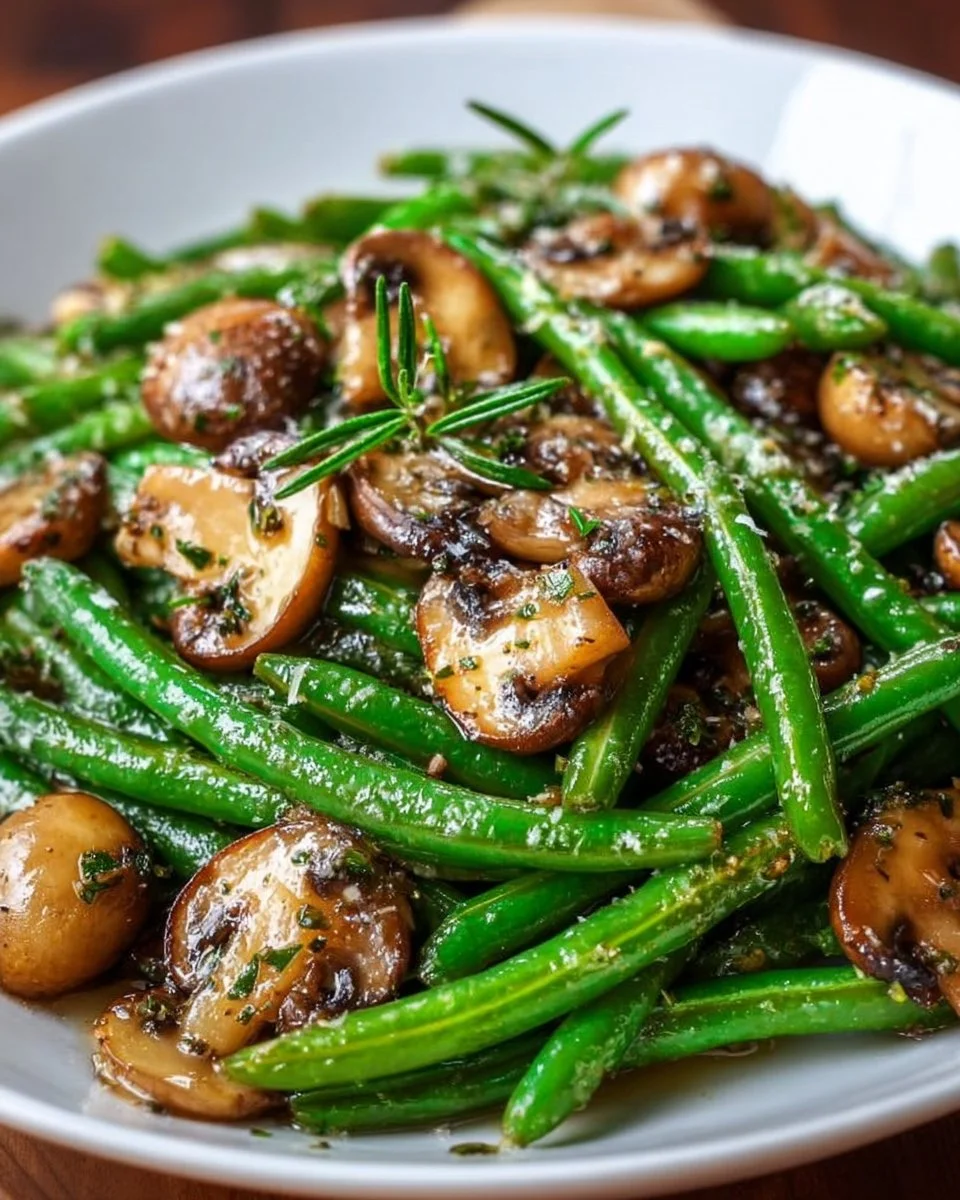 Garlic butter sautéed green beans and mushrooms in a serving dish