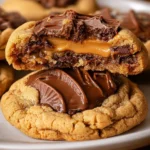 Giant Peanut Butter Cup Stuffed Cookies with chocolate and peanut butter filling