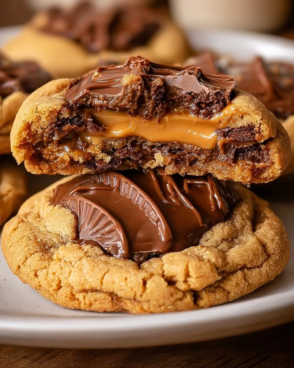 Giant Peanut Butter Cup Stuffed Cookies with chocolate and peanut butter filling