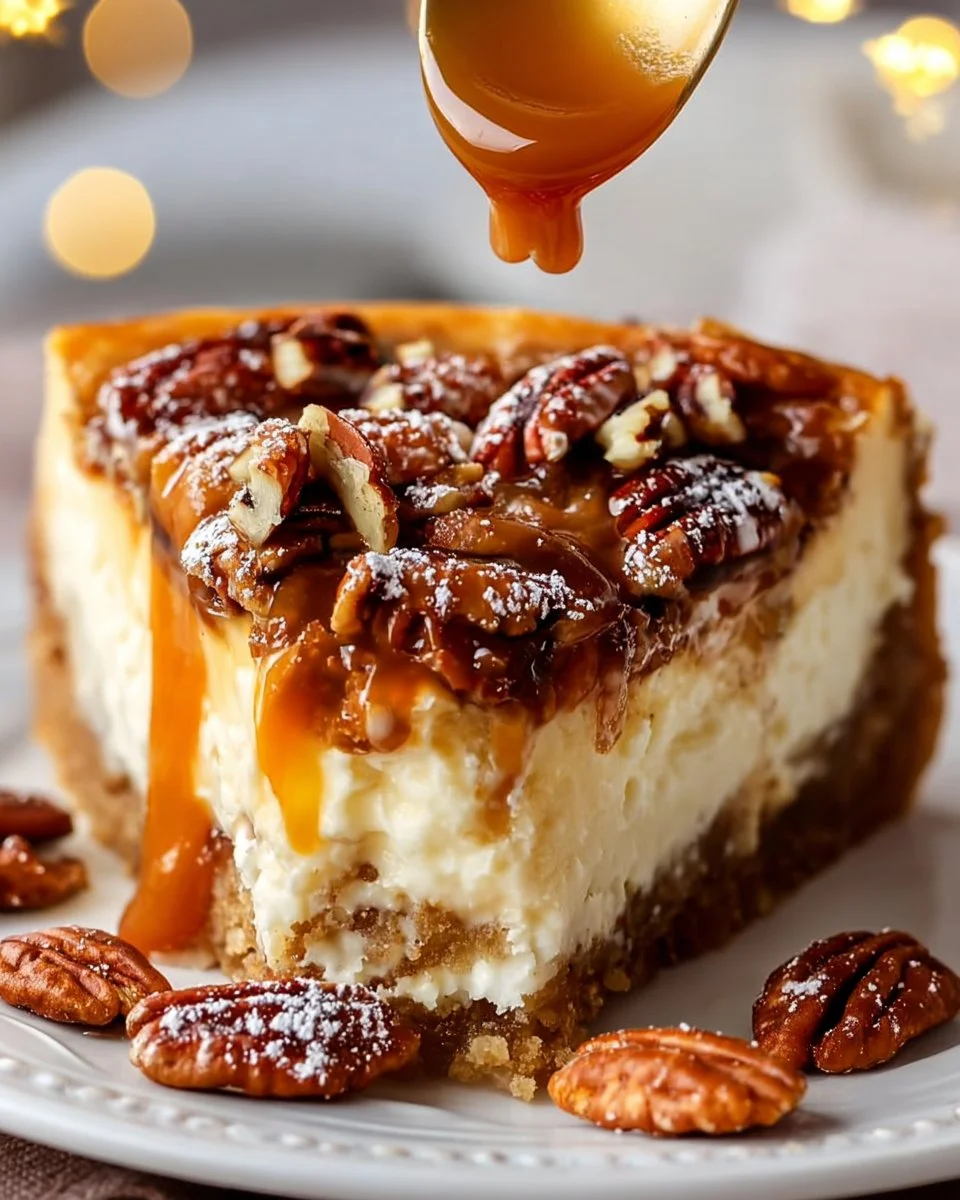Gooey Butter Pecan Cream Cheese Cake topped with pecans