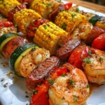Plate of freshly grilled seafood skewers with shrimp, fish, and vegetables