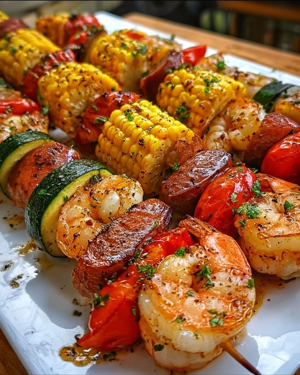 Plate of freshly grilled seafood skewers with shrimp, fish, and vegetables