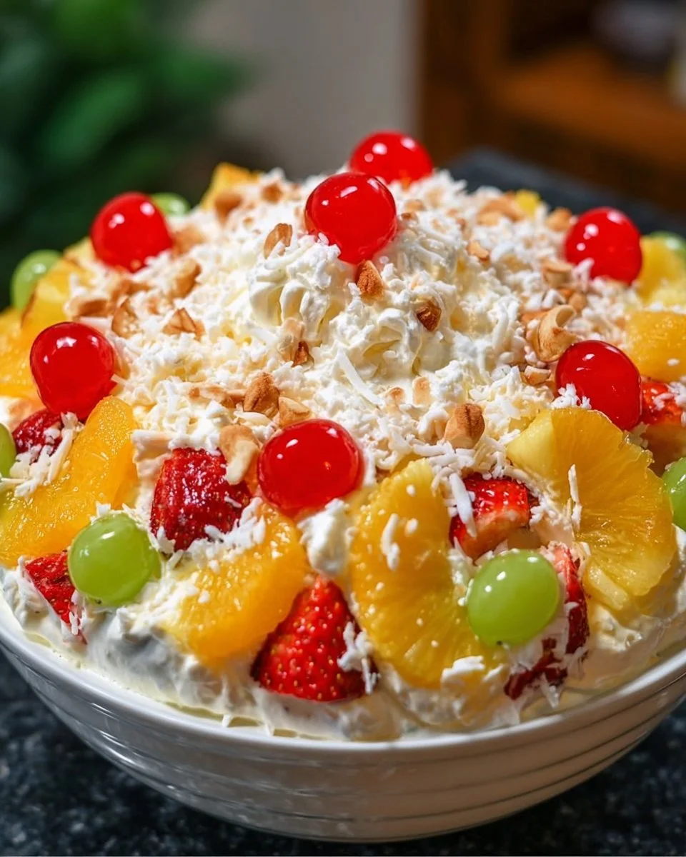 Delicious Hawaiian Cheesecake Salad served in a bowl with fresh tropical fruits