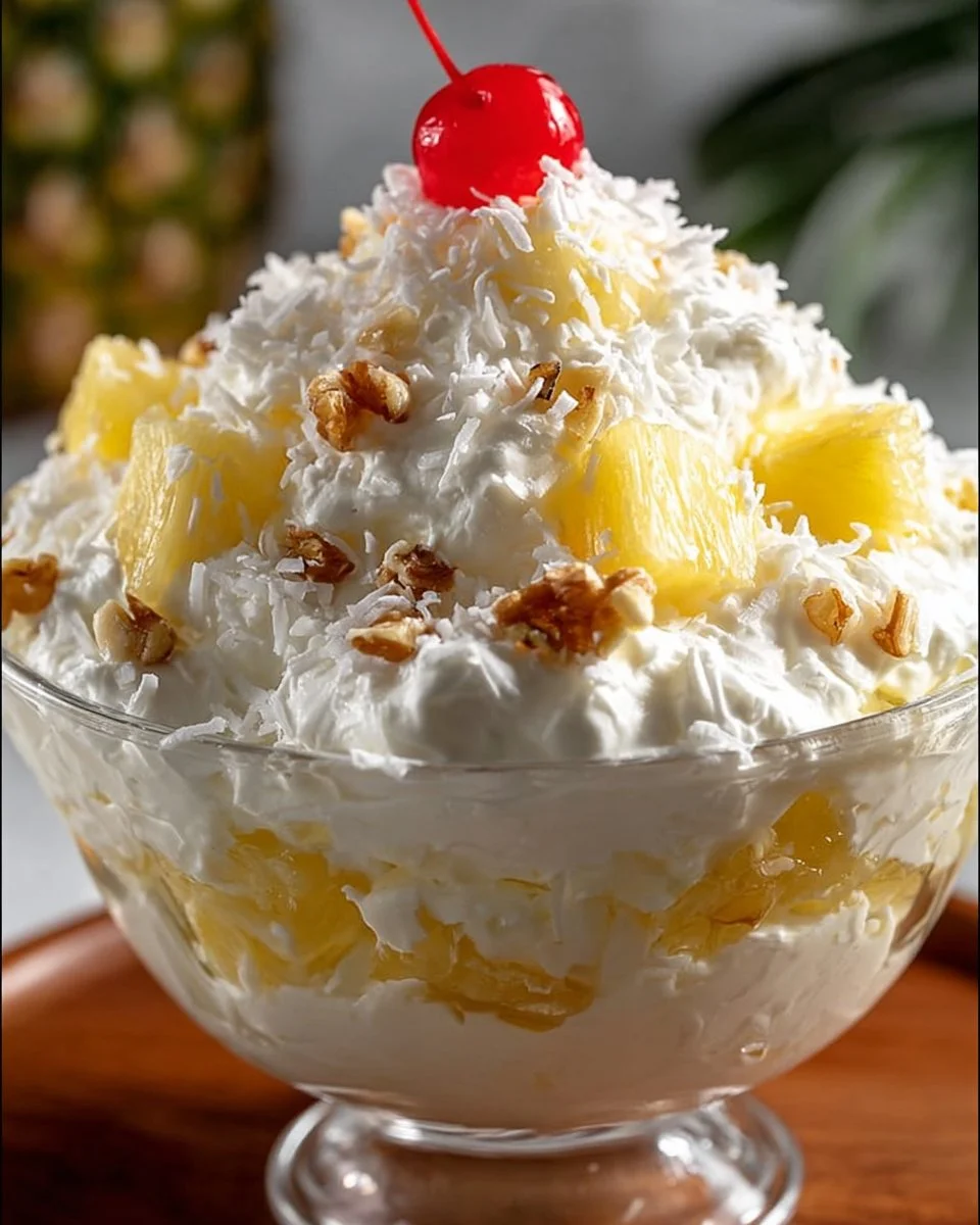 Delicious Hawaiian Fluff dessert topped with fruits and coconut flakes