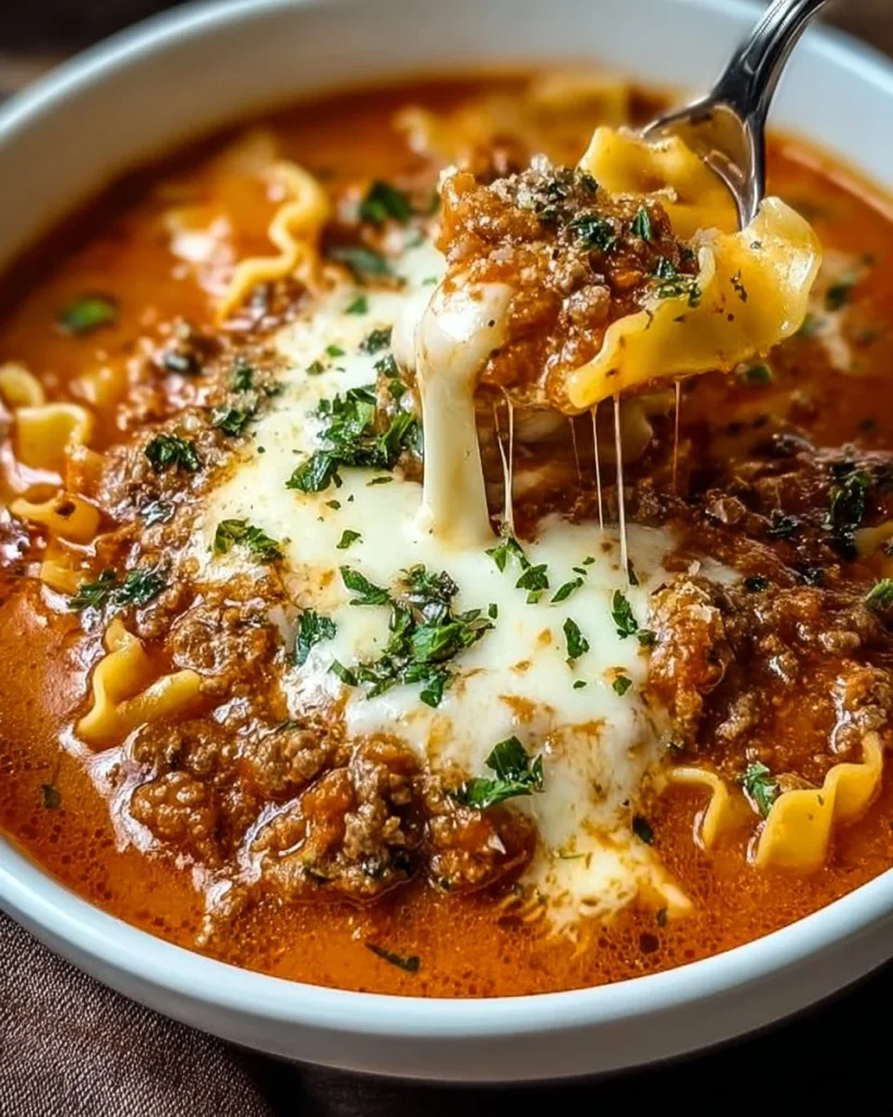 A bowl of hearty lasagna soup topped with cheese and herbs for a cozy meal.