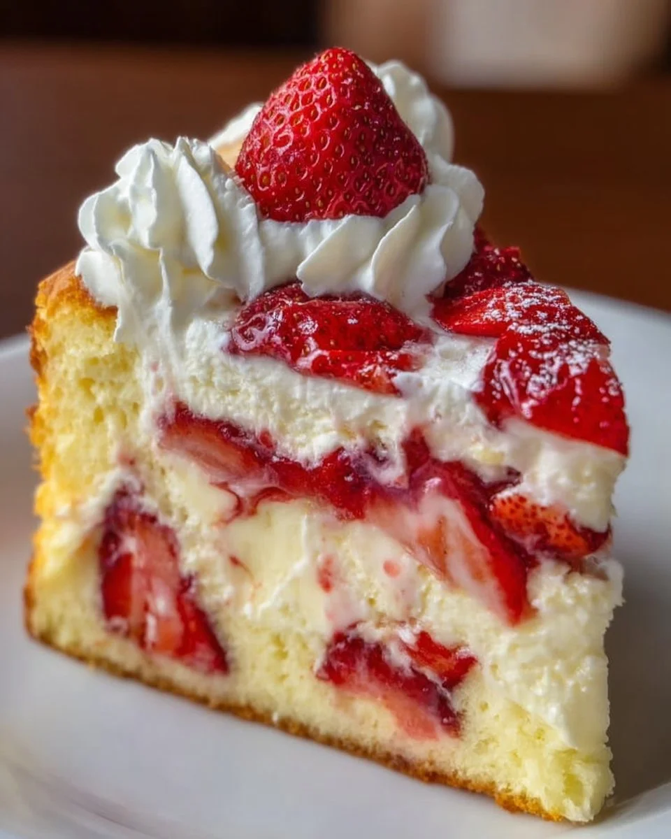 Heavenly Strawberry Custard Cake topped with fresh strawberries and creamy custard