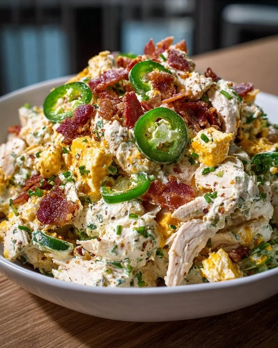 High Protein Jalapeno Popper Chicken Salad with bacon, cheese, and jalapeños.