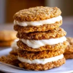 Homemade oatmeal cream pies with creamy filling between sweet cookies