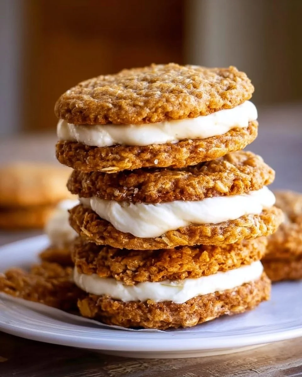 Homemade oatmeal cream pies with creamy filling between sweet cookies