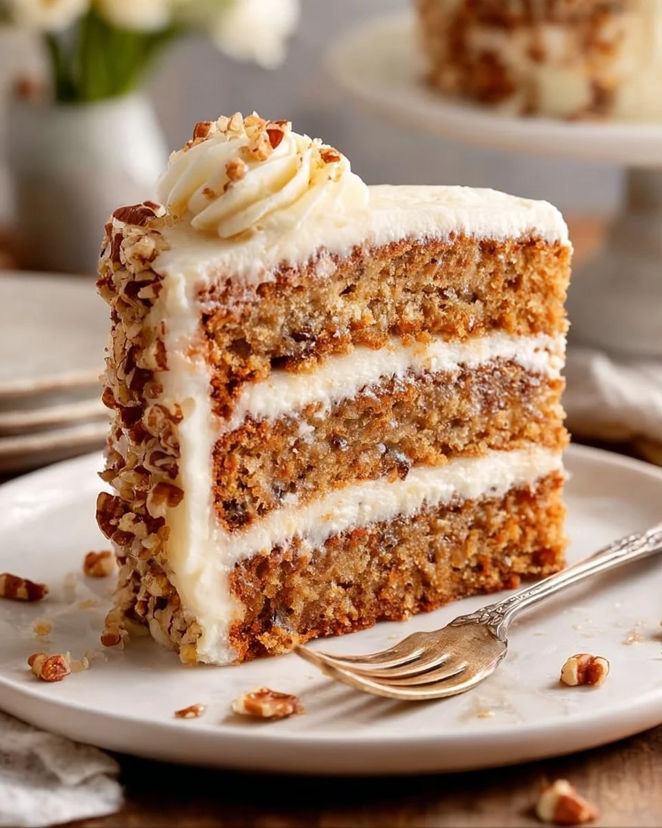 Delicious slice of Hummingbird Cake topped with cream cheese frosting and walnuts