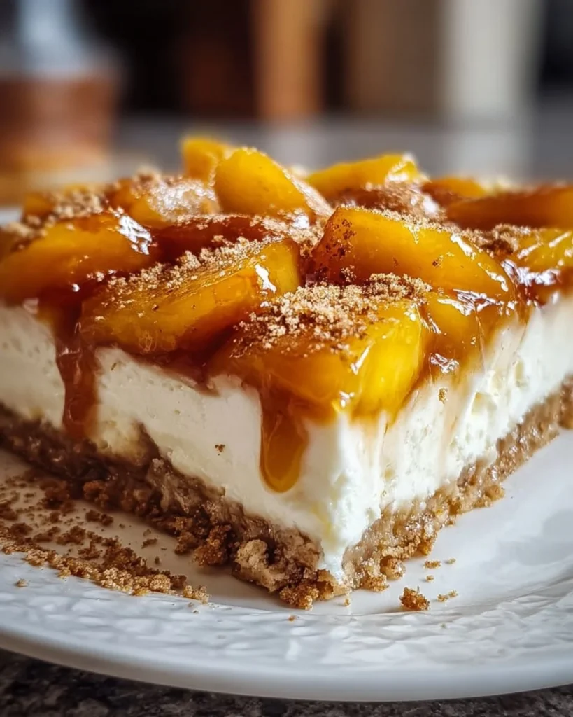Delicious slice of Peach Cobbler Cheesecake with fresh peaches and crust