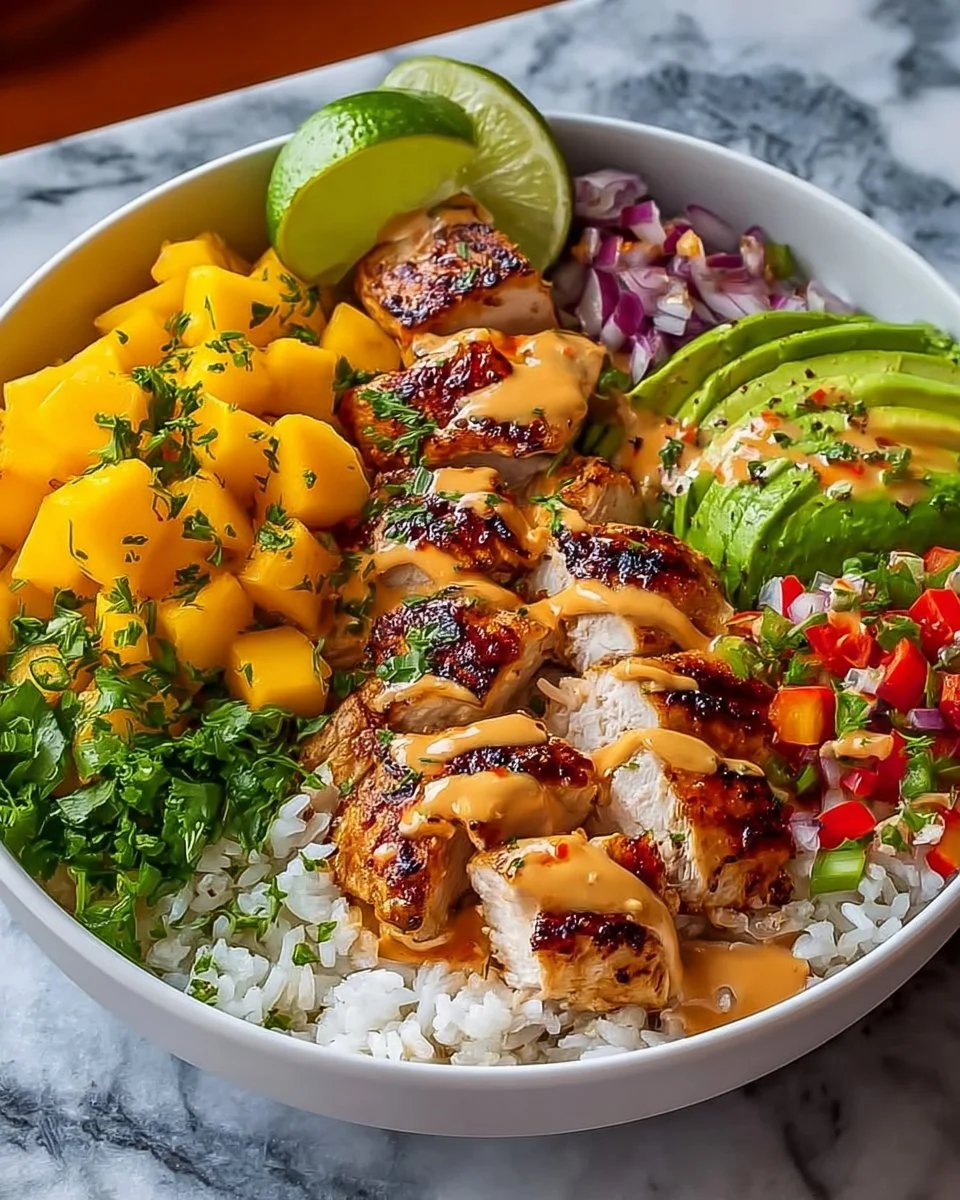 Delicious chicken mango rice bowl topped with fresh ingredients and vibrant colors