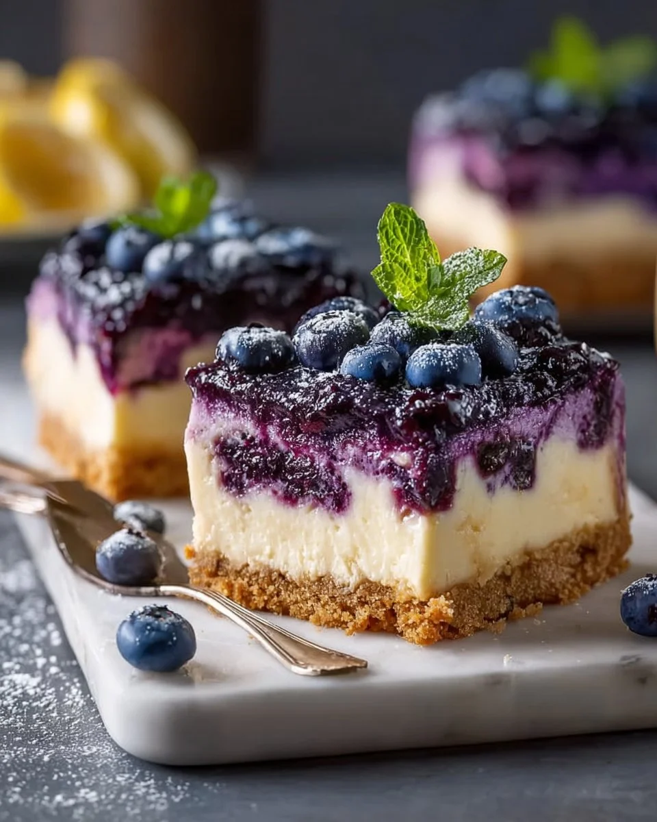 Delicious blueberry cheesecake bars ready to be served.