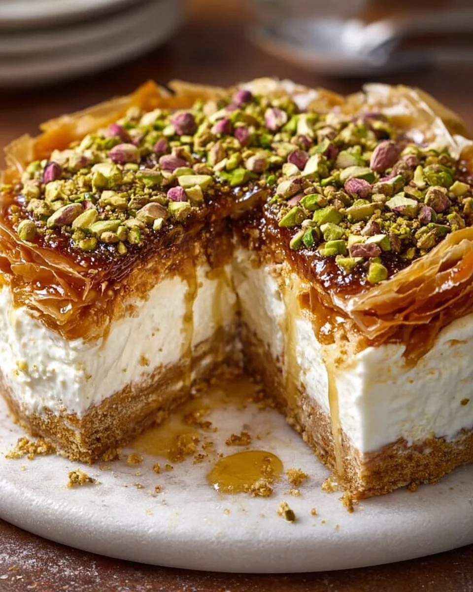 Honey Pistachio Baklava Cheesecake topped with nuts and honey glaze