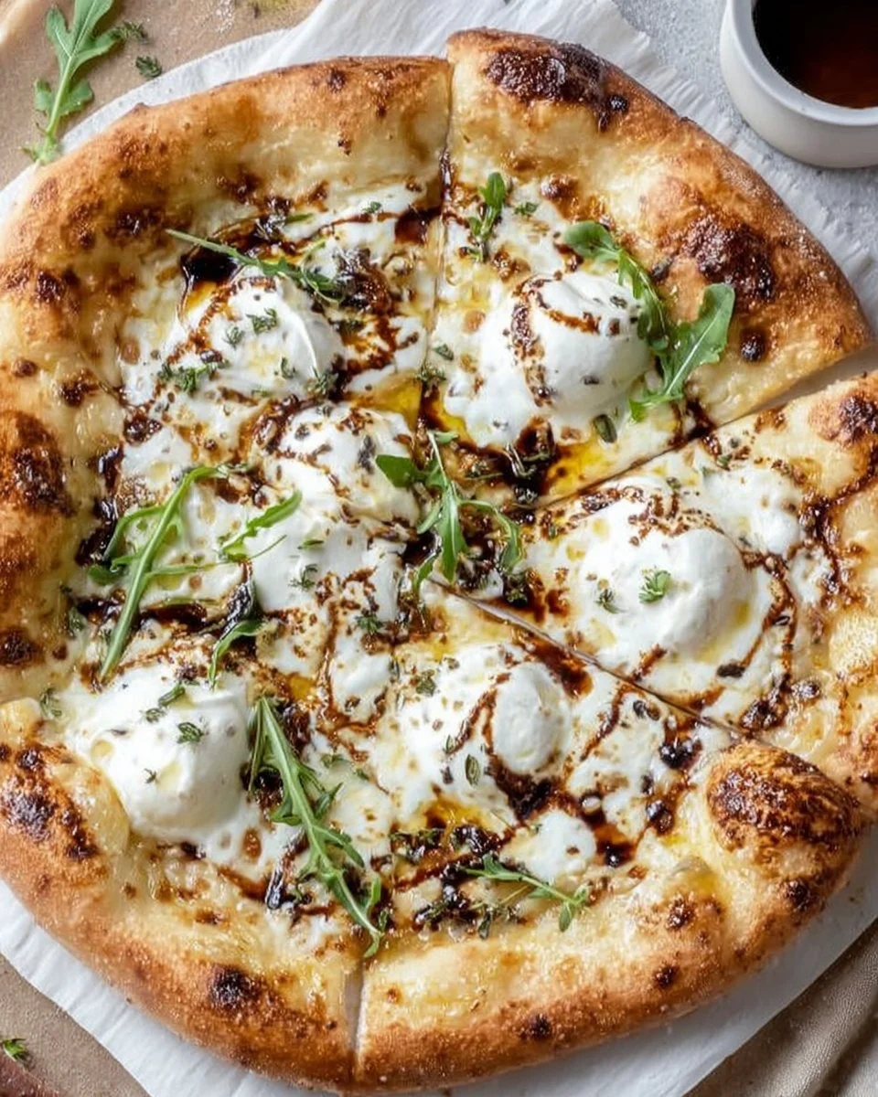 Delicious white sauce pizza with creamy garlic topping on a wooden surface