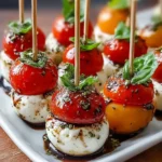 Plate of fresh mini caprese bites with mozzarella, tomatoes, and basil.