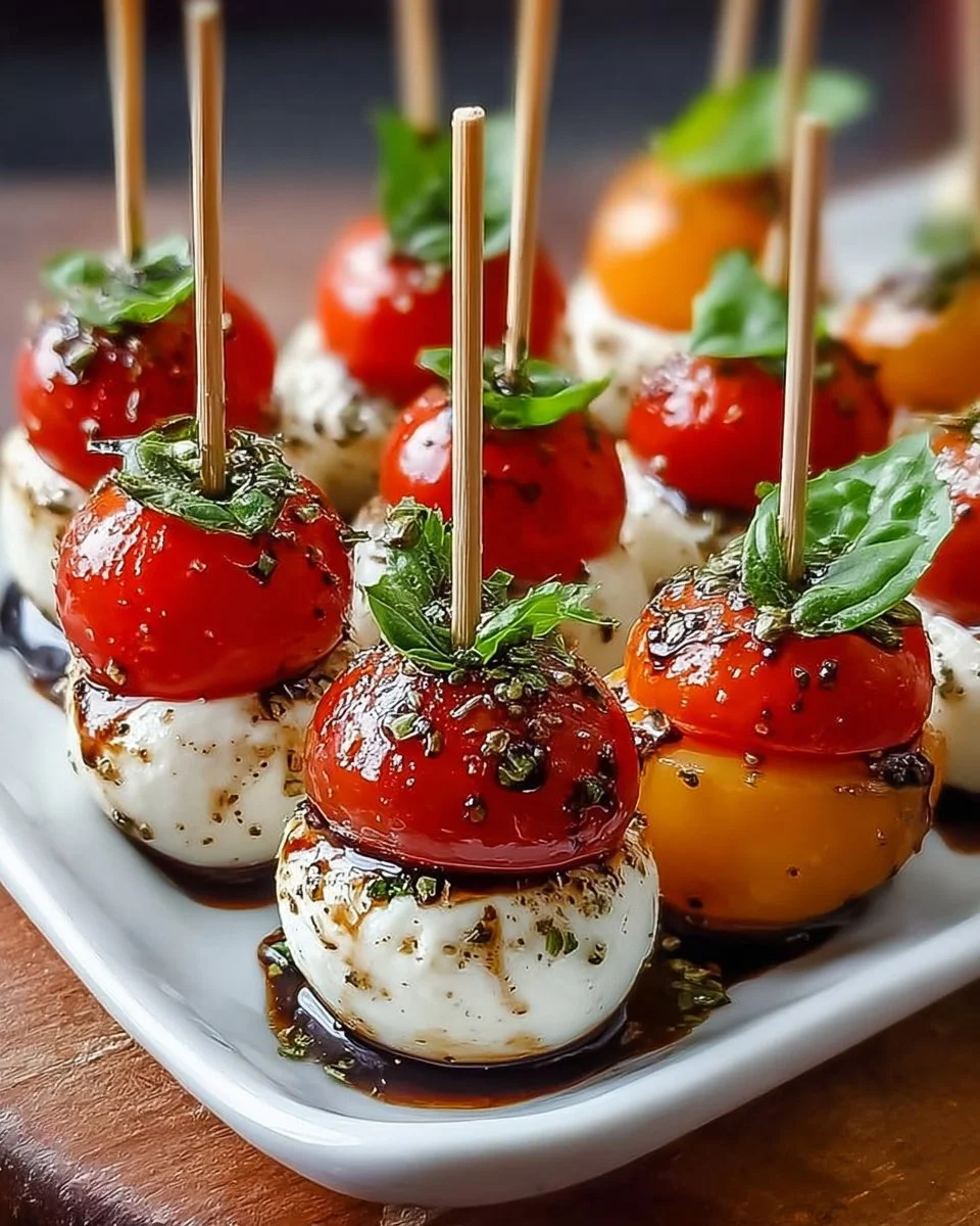 Plate of fresh mini caprese bites with mozzarella, tomatoes, and basil.