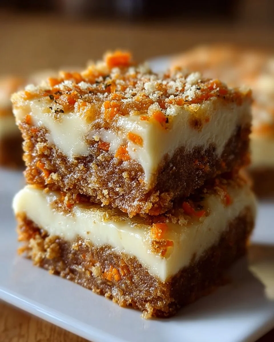 Delicious carrot cake cream cheese bars topped with frosting on a wooden table.