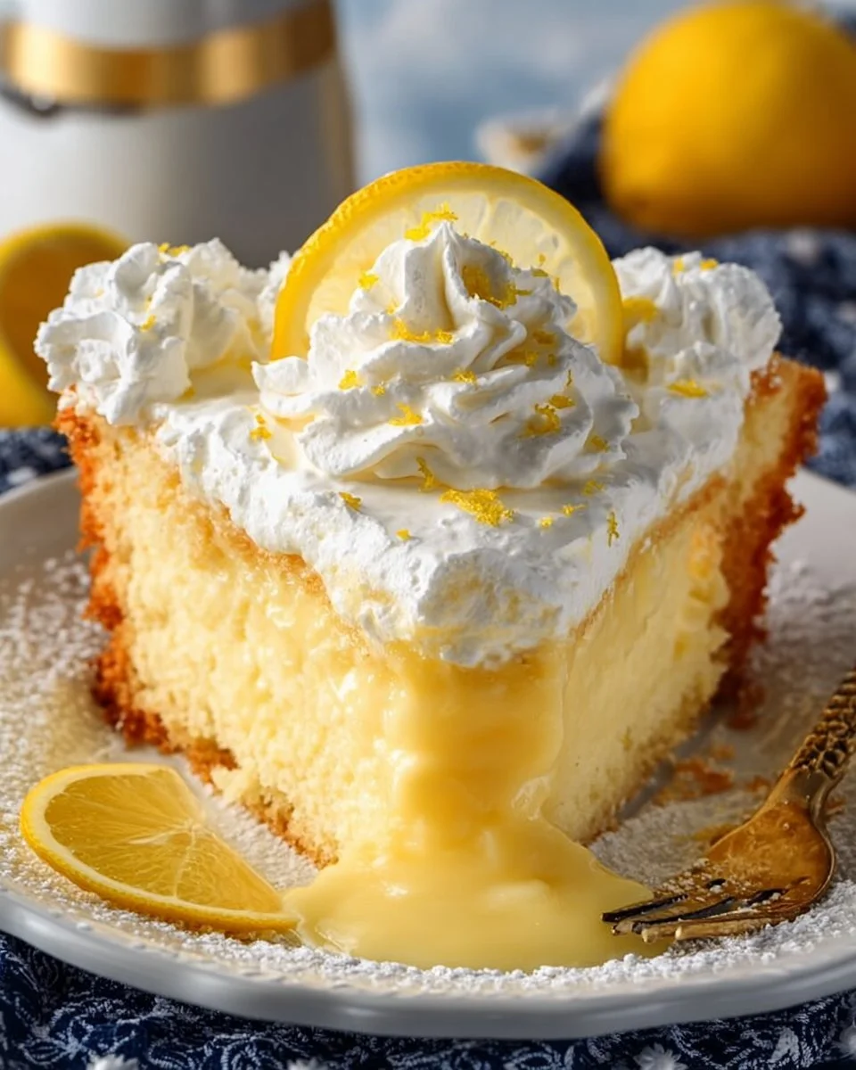Delicious Lemon Cream Cheese Dream Cake topped with fresh lemon zest and cream