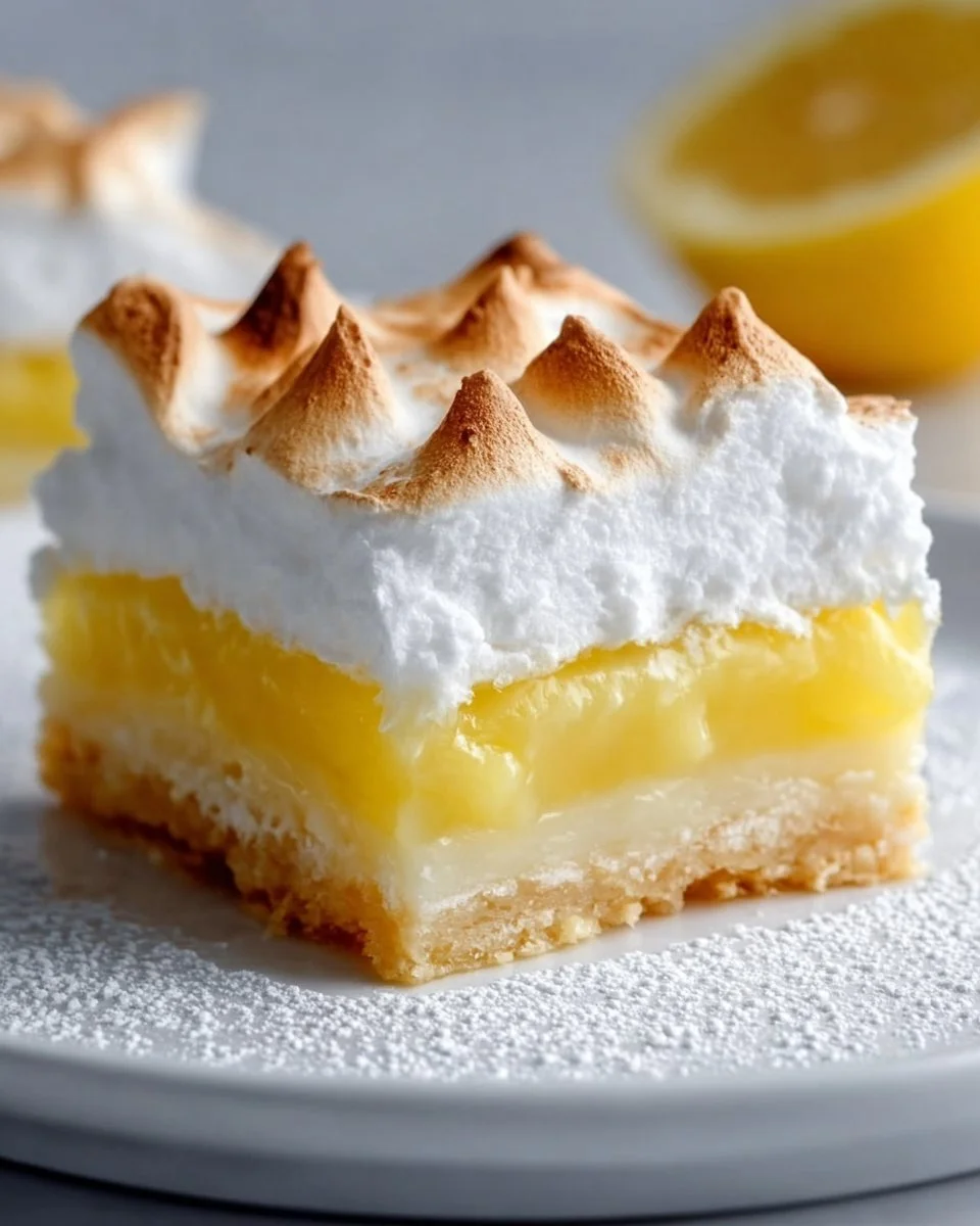 Delicious Lemon Meringue Pie Bars garnished with fluffy meringue topping