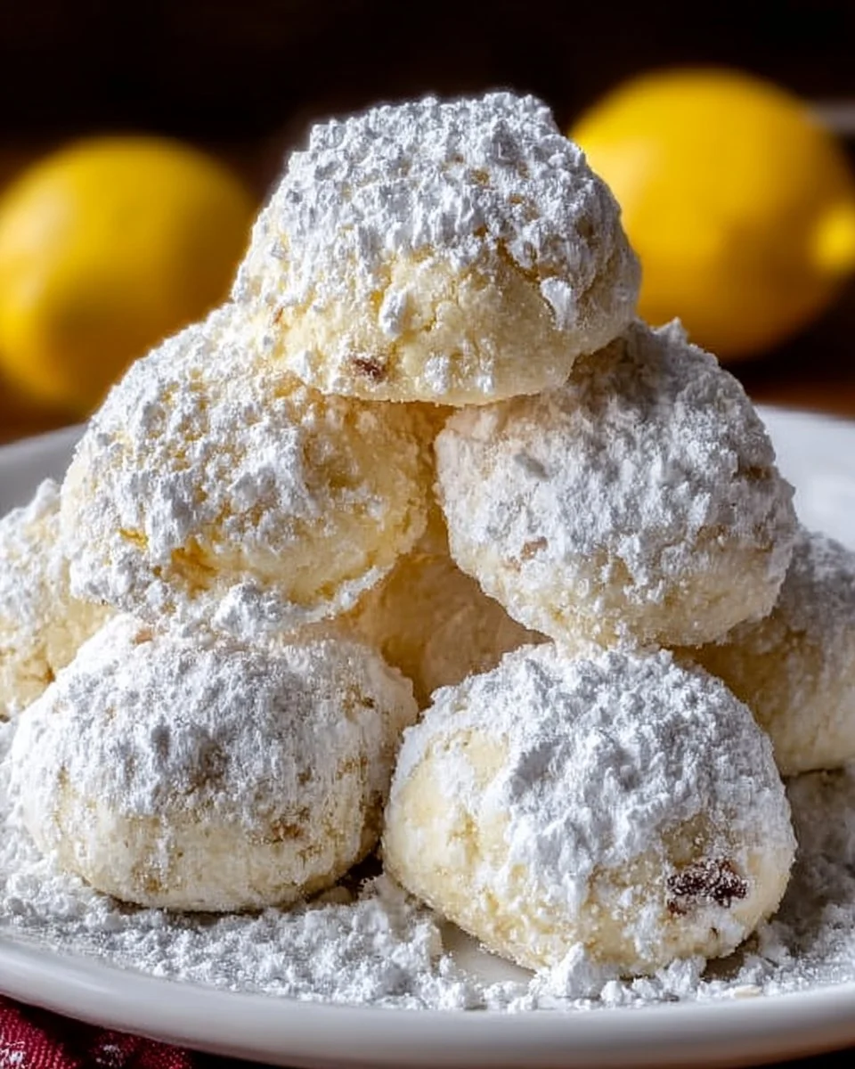 Lemon Snowball Cookies dusted with powdered sugar on a white plate